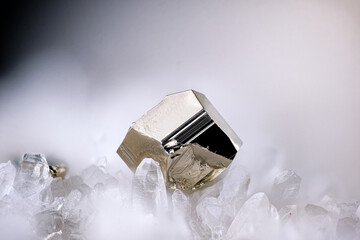 Pyrite on Quartz. Specimen from St-Raphaël, France. Micro photography extreme close-up. microscope mineral crystal photography for Scientific use.