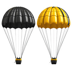Two parachutes, one black, one yellow,  with ribbed canopies and lines.  Image shows the equipment from a side view