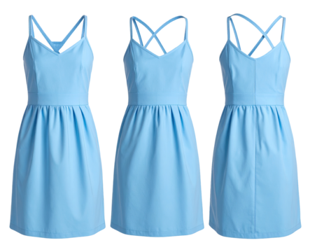 Light-blue, sleeveless, A-line dress, three views