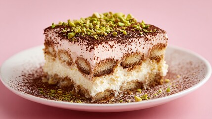 Gourmet tiramisu cube plated with pistachio garnish, pastel pink background