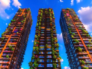 Obraz premium Urban Towers with Vertical Gardens and Blue Sky in Modern Architectural Design