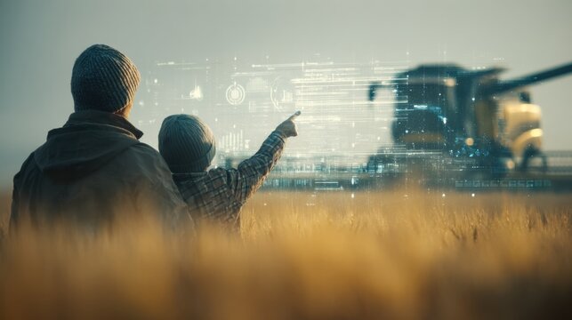 Father teaching his son with transparent digital screen in autumn field, futuristic combine harvester working in golden background