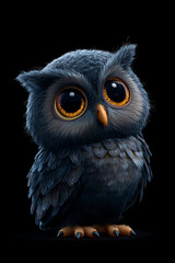 Obraz premium Adorable fluffy owl with large expressive eyes perched against a dark background, exuding charm