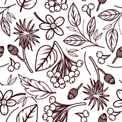 Seamless vector pattern. Leaves, berries, twigs and plants of the forest, all hand-drawn in vector. The illustration is suitable for printing on fabric, paper, textiles and design. Vector illustration