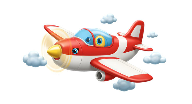 Cartoon airplane flying in the sky cute red and white aircraft with clouds vector illustration for childrens books and educational materials