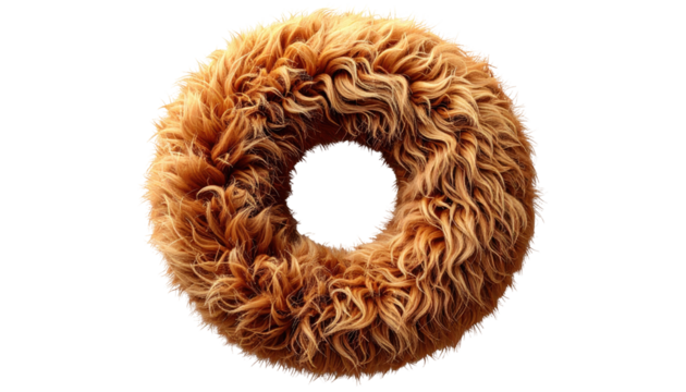 Fluffy, tan-brown circular rug