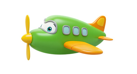Cartoon airplane illustration green and yellow toy plane with eyes isolated on white background