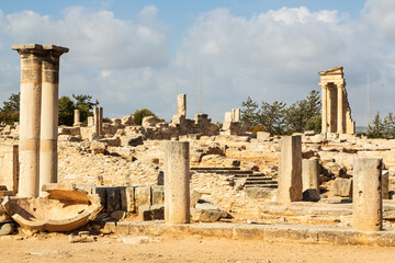 Ruins and remnants with columns of the Sanctuary and Temple of Apollo Hylates in an ancient Greek city-state called Kourion on the island of Cyprus