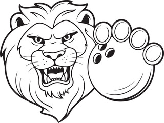 Fierce Lion Head Mascot with Bowling Ball   Black and White Sports Team Line Art Illustration