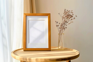 Wooden photo frame on round table with dried flowers in morning sunlight &ndash; minimalist home decor scene