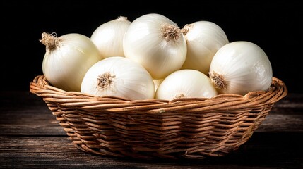 Fresh white onions in woven basket indoor natural lighting