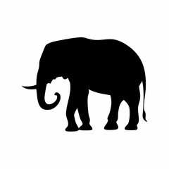 Fototapeta premium A simple black silhouette of a large elephant with tusks, viewed from the side. This isolated wildlife graphic is ideal for logo or icon design