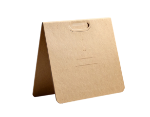 A light beige, paper-like, triangular folder with a flap