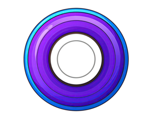 Circular, vibrant purple and blue design with concentric rings, and a central white plate