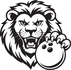Fierce Lion Head Mascot with Bowling Ball   Black and White Sports Team Line Art Illustration