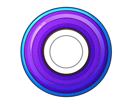 Circular, vibrant purple and blue design with concentric rings, and a central white plate