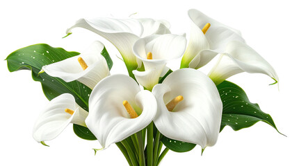 Close-up bouquet of pristine white calla lilies with lush green leaves