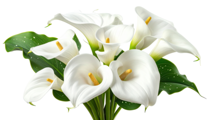 Close-up bouquet of pristine white calla lilies with lush green leaves