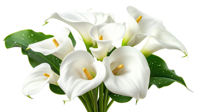 Close-up bouquet of pristine white calla lilies with lush green leaves