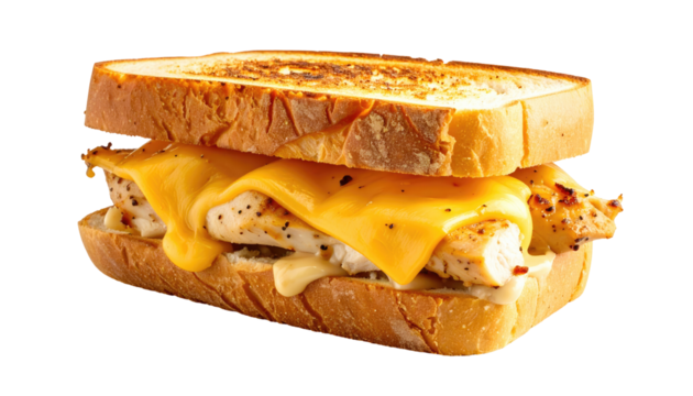 Close-up of a grilled cheese sandwich with chicken and melted cheese.  Golden-brown toasted bread holds melted cheese and seasoned chicken.  Sauce visible beneath cheese