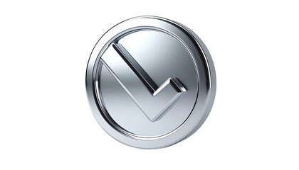 3D metallic check mark icon.  Circular, chrome-like badge.  Sharp, clean lines