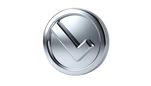 3D metallic check mark icon.  Circular, chrome-like badge.  Sharp, clean lines