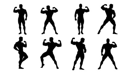 Bodybuilder Silhouette Set.Muscular Men Flexing Poses Collection, Fitness Vector Icons.