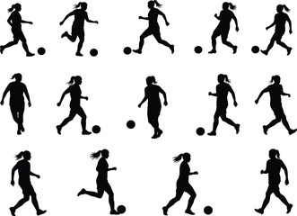Silhouette vector set, female soccer players with ball, football action poses, women athletes running, dribbling, kicking, sport activity illustration, team game design
