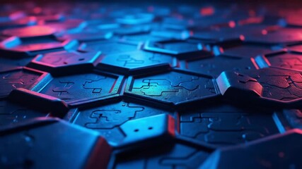 Futuristic metallic hexagonal tiles with intricate circuit patterns under dramatic blue and red lighting. - Powered by Adobe