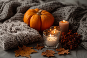 Flat lay of autumn cozy composition: pumpkin, knitted blanket, candles, dried leaves, hygge style, stock photo, soft lighting