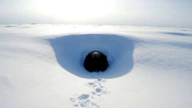 Lonely Footsteps Approaching Dark Cave Opening in Arctic Snow