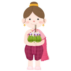 illustration of girl holding Kratong for Loy Kratong Festival
