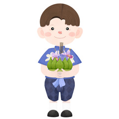 illustration of boy holding Kratong for Loy Kratong Festival