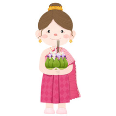 illustration of girl holding Kratong for Loy Kratong Festival