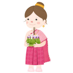 illustration of girl holding Kratong for Loy Kratong Festival
