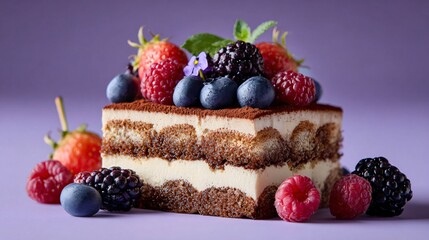 Tiramisu slice decorated with berries, pastel lavender background