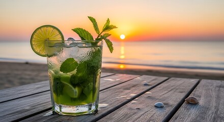 Refreshing Mojito on Beach at Sunset - A Tropical Paradise.