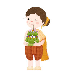 illustration of girl holding Kratong for Loy Kratong Festival