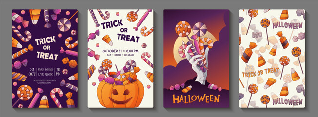 Collection of vector Halloween posters with candies, pumpkins, zombie hand, lollipops. Trick or Treat illustration. Templates for Halloween invitation, banner, flyer, party decoration.