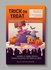 Vector Halloween party poster template with bubbling cauldron, witch hat and pumpkins. Dripping magic potion, candies, bats create spooky festive atmosphere. For Halloween invitation, flyer.