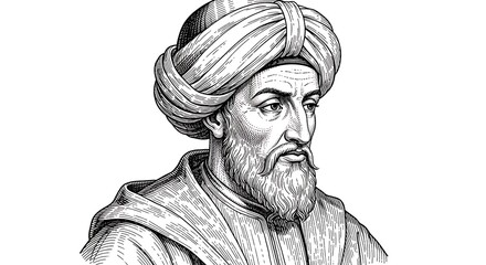 Fototapeta premium Averroes (Ibn Rushd) Linedrawing. Intricate Portrait on Minimalist Blank Space. Stoicism, Islamic Golden Age Philosophy & History.
