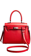 Red leather handbag with top handles and shoulder strap