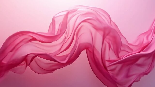 Elegant pink translucent fabric flowing in graceful waves and soft folds against a light background.