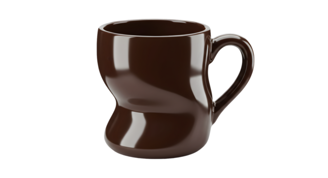 Unique brown ceramic coffee mug with a distorted shape isolated on white background