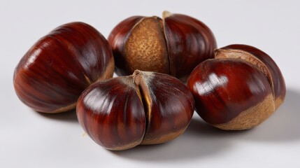 Obraz premium Close up of fresh chestnuts with glossy shells on white background