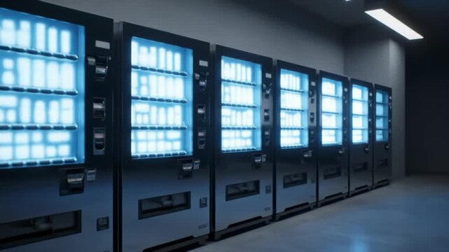 Row of modern vending machines illuminating a futuristic retail space.