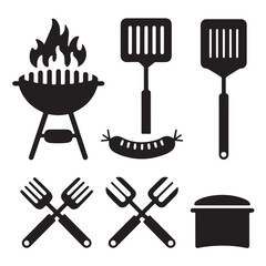 Set of Barbecue and Grilling Icons – BBQ Grill and Cooking Tools Silhouette Collection