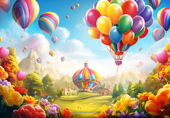 A colorful display of balloons with the words hot air balloons on it, Childrens picture against the sky with balloons for digital printing wallpaper custom design wallpape

