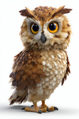 Obraz premium Cute cartoon owl with large eyes perched on a branch, surrounded by a whimsical forest backdrop