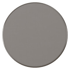 A close-up shot of a reflective, metallic gray circle against a white background.